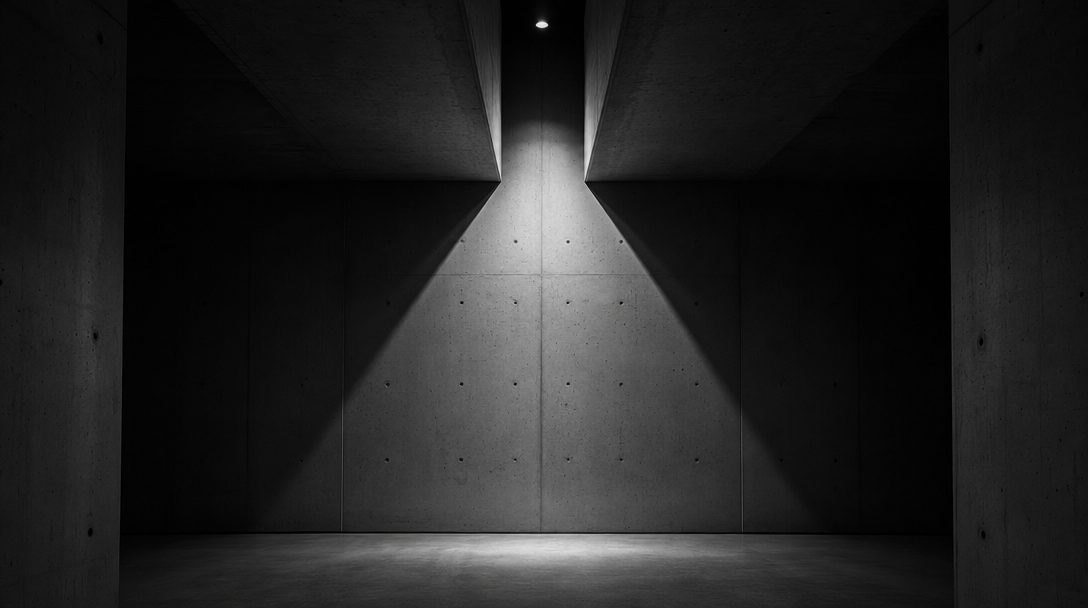 Abstrakte Architekturaufnahme mit einzelnem Lichtkegel auf einer Betonwand, als Sinnbild für NADELWERK
