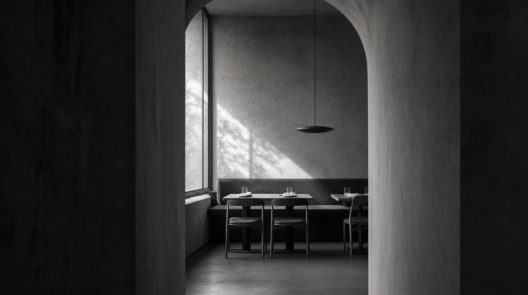 Abstrakte Architekturaufnahme eines minimalistischen Restaurant-Interieurs im Streiflicht, als Sinnbild für Trattoria Verde
