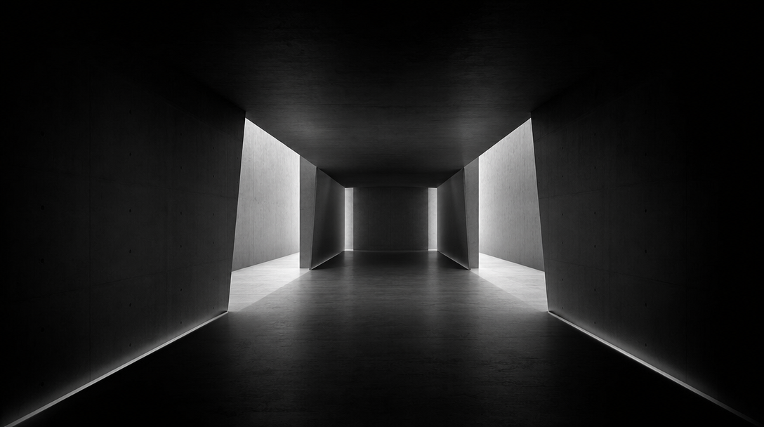 Abstrakte Architekturaufnahme: symmetrischer Betonkorridor mit weichem Lichteinfall